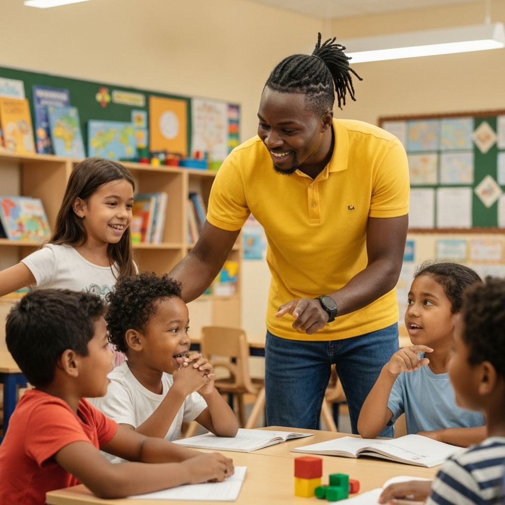 African teacher helping students